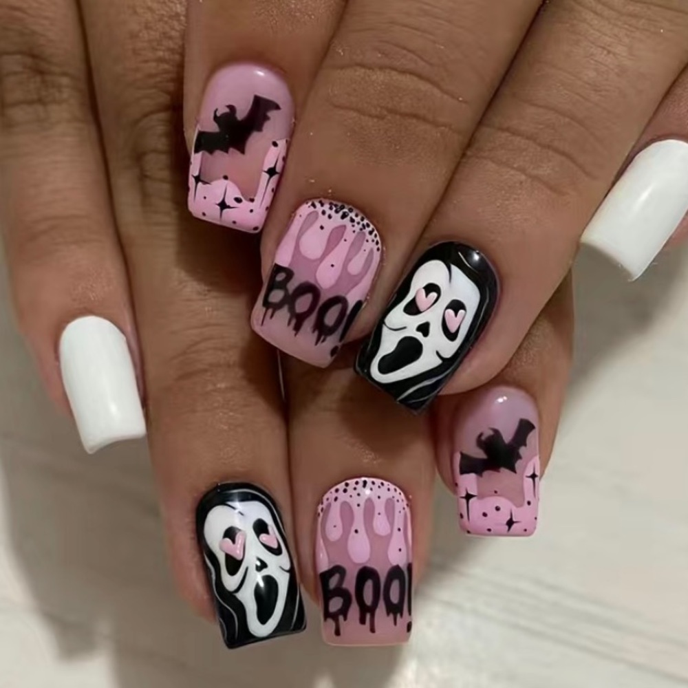 24pcs Halloween medium square press on fake nails with ghost and bat nail art.